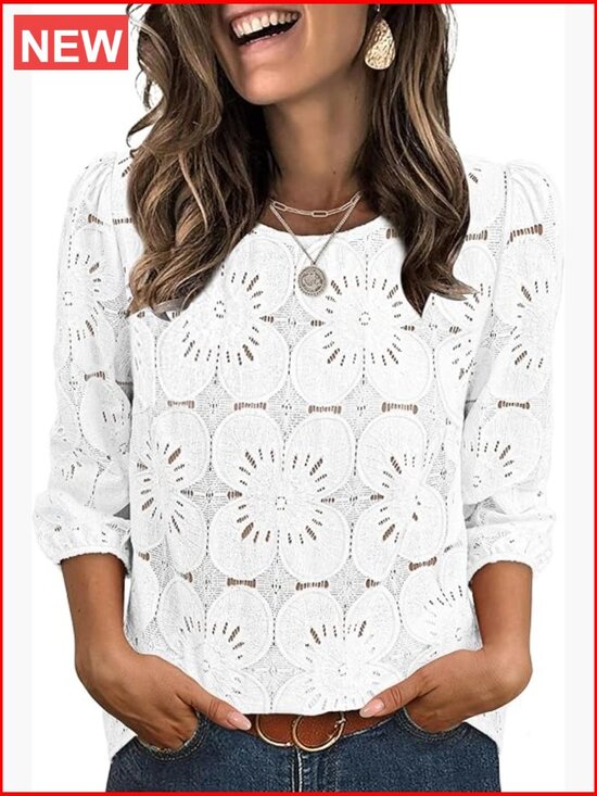 Tops - Eyelet Lace 3/4 Sleeve Blouse Dressy Casual Top Lightweight Nylon Blend